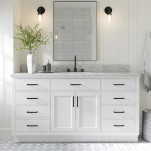 ariel 67" white bathroom vanity, 1.5" edge italian carrara marble countertop & splash, single rectangular sink, 2 soft closing doors, 9 full extension dovetail drawers, toe kick, matte black