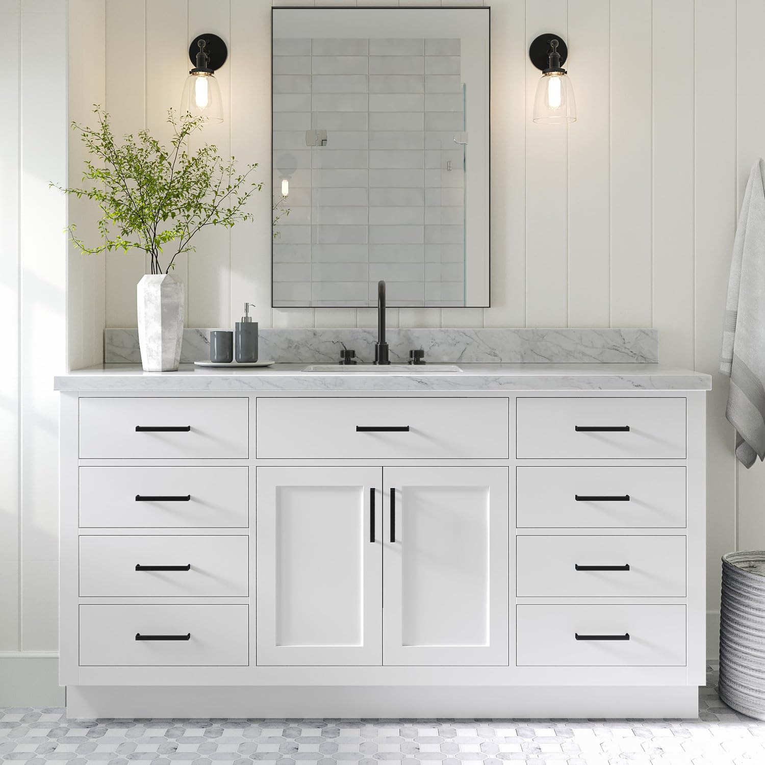 ARIEL 67" White Bathroom Vanity, 1.5" Edge Italian Carrara Marble Countertop & Splash, Single Rectangular Sink, 2 Soft Closing Doors, 9 Full Extension Dovetail Drawers, Toe Kick, Matte Black