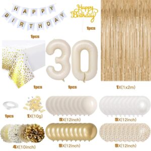 30th Birthday Decorations for Her, Gold Happy 30th Birthday Decorations White and Gold Balloons Happy Birthday Banner Tablecloth Fringe Curtain Cake Topper Paper Pom Poms Talk Thirty to Me Birthday