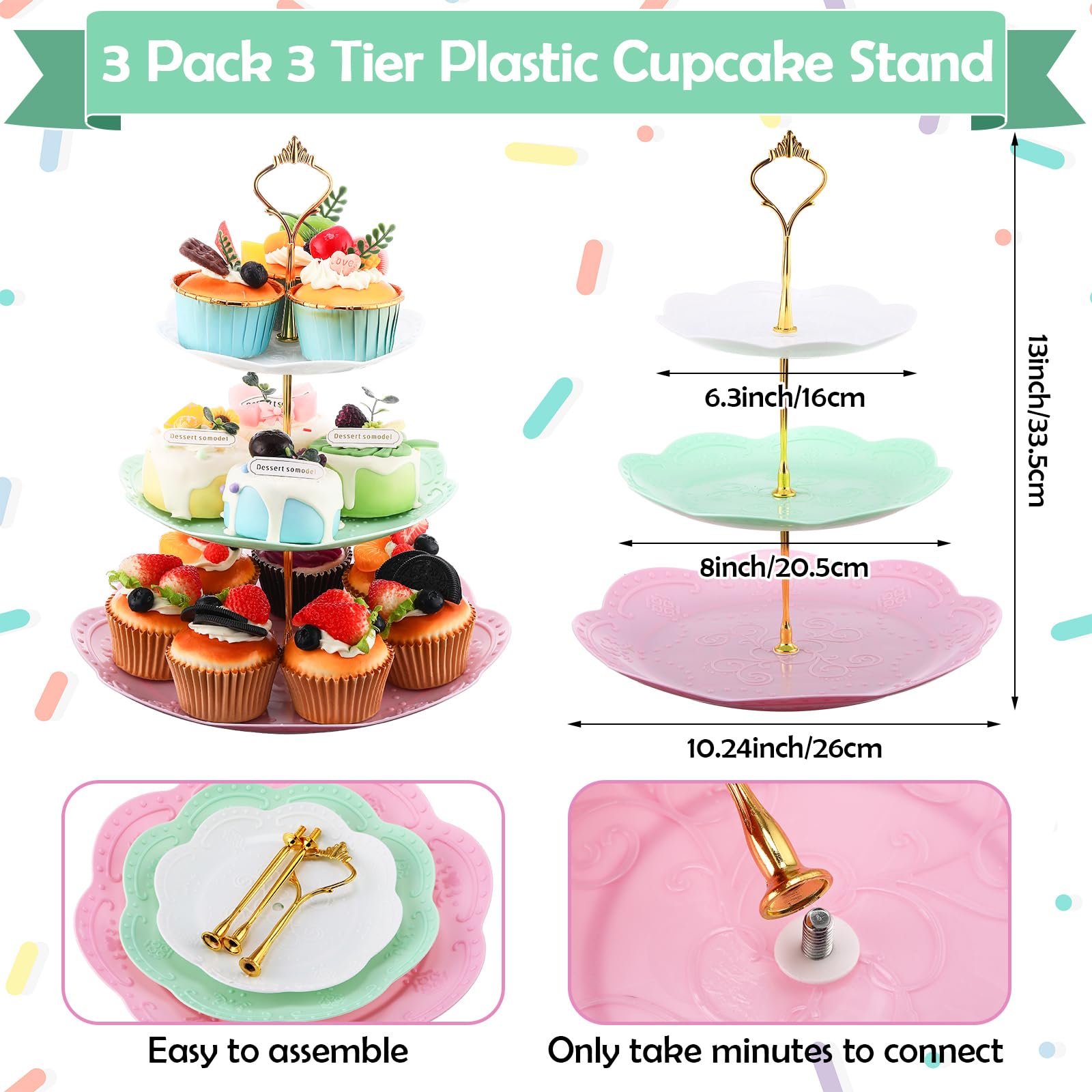 Layhit 83 Pcs Tea Party Decorations Include Disposable 12 Sets 9 Oz Paper Tea Cups with Handle and Saucers Floral Napkins 3 Tire Cake Stand Tea Serving Platter Tableware for Girl's Birthday