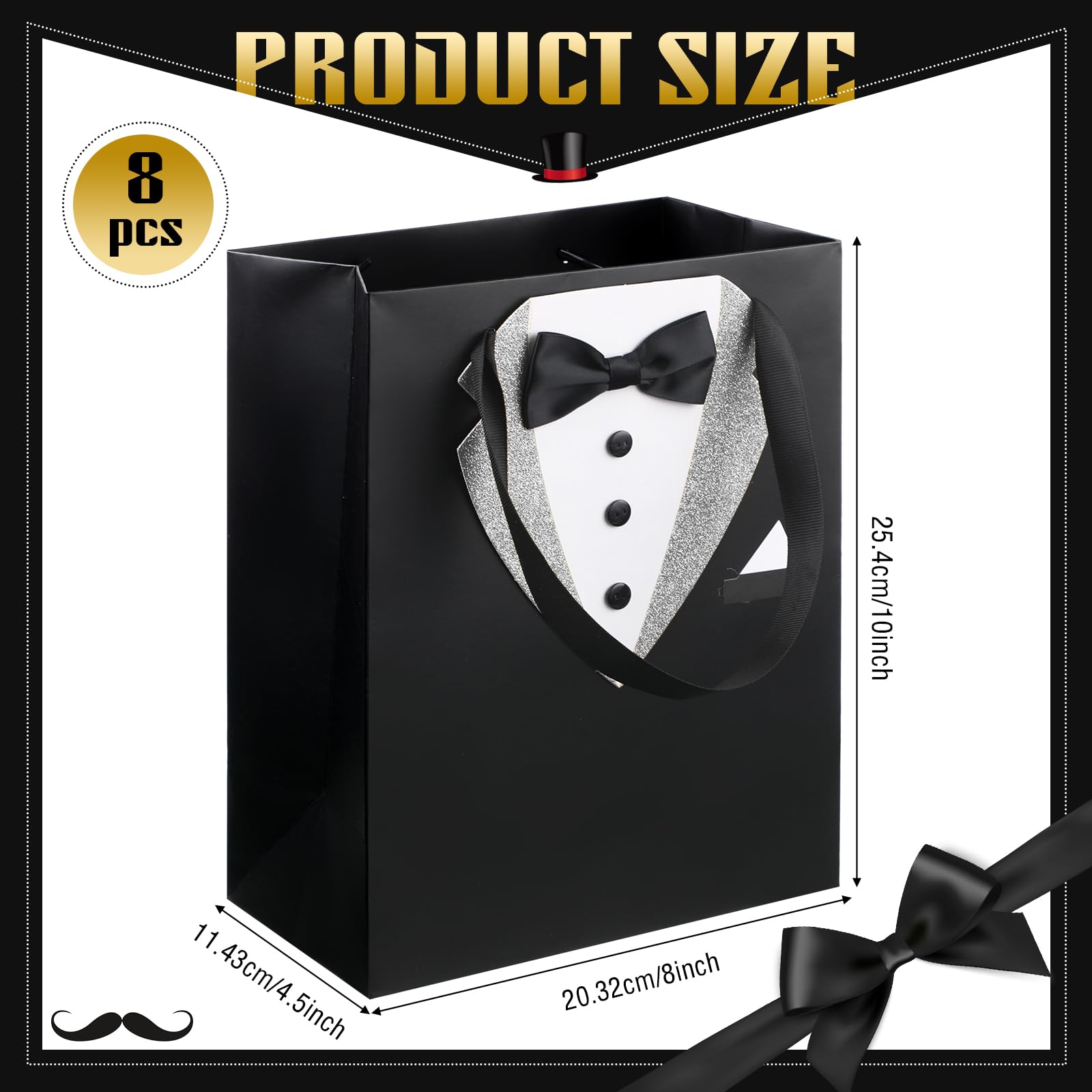 Chuangdi 8 Pcs Groomsmen Gift Bags with 3D Tuxedo Design 8 x 4.5 x 10 Inch with Handle Groomsmen Paper Gift Bags for Wedding Bachelor Birthday Party Favor Anniversary Supplies(Silver)