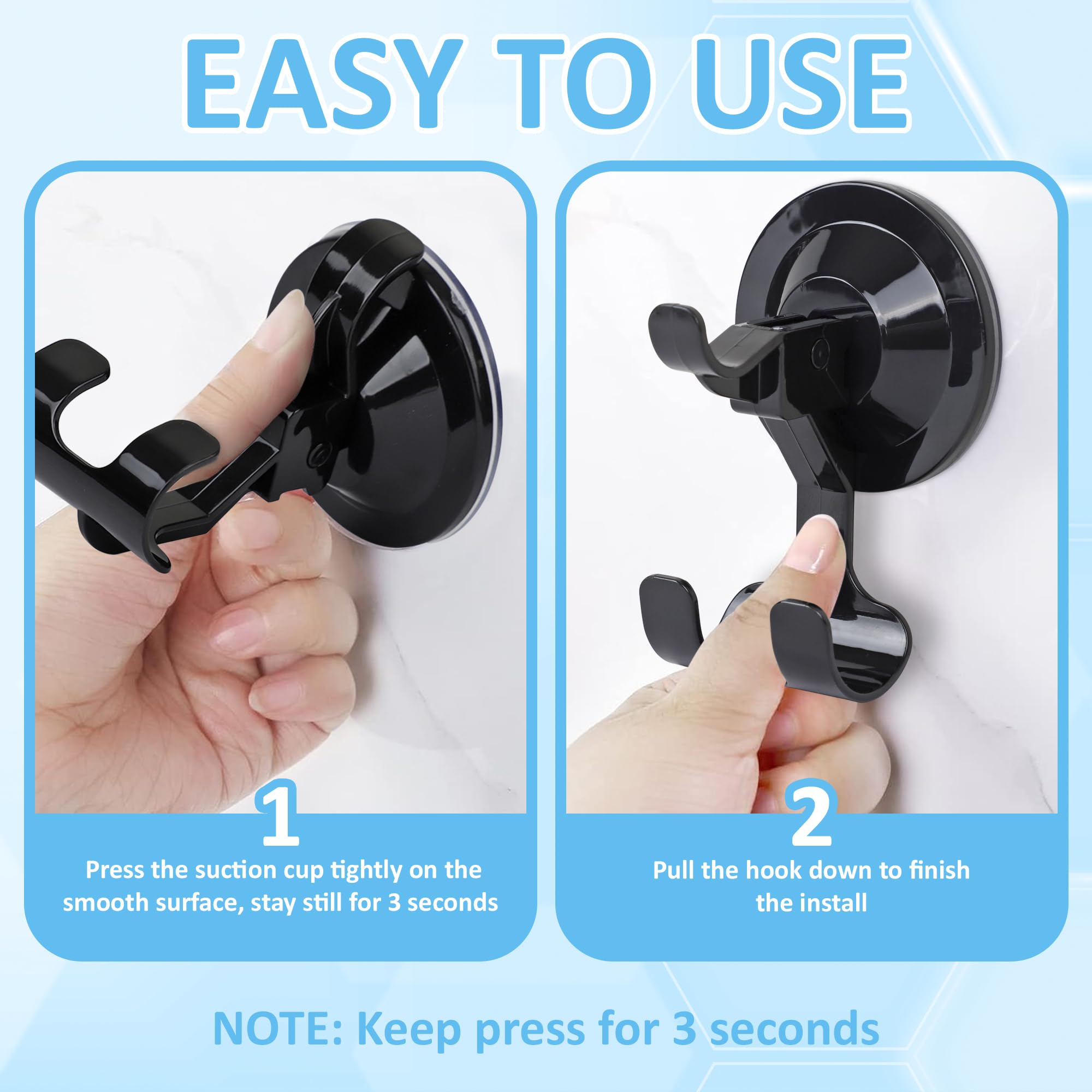 Powerful Black Waterproof Suction Cup Razor Hooks, Removable and Reusable Vacuum Hooks for Shower Wall or Any Flat Surface. (2 Pack)