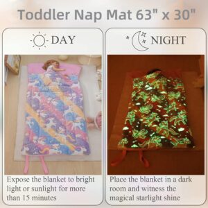 Sleeping Bag for Kids with Pillow Pocket, Toddler Nap Mat 63" x 30" Toddler Slumber Bag Glow in The Dark Blanket Fluffy with Padded Mat for Boys, Girls, Daycare, Preschool, Sleepover, Rainbow Unicorn