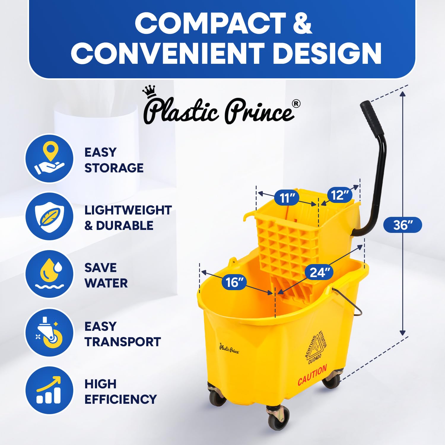 35-Quart Yellow Side-Press Mop Bucket and Wringer Combo on Wheels for Commercial Use Perfect for Professional Industrial Business Household