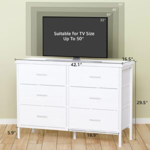 BOLUO White Dresser for Bedroom 6 Drawer, Wide Dresser TV Stand for 50" TV Dressers & Chests of Drawers Fabric Dresser for Closet Modern