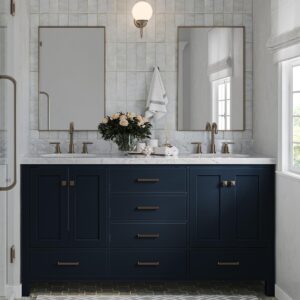 ARIEL 67" Midnight Blue Double Bathroom Vanity with 1.5" Edge Italian Carrara Marble Countertop & Splash, 2 Oval Sinks, 4 Soft Closing Doors, 6 Full Extension Dovetail Drawers, Satin Brass