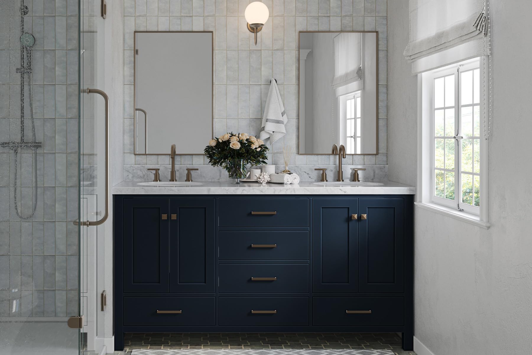 ARIEL 67" Midnight Blue Double Bathroom Vanity with 1.5" Edge Italian Carrara Marble Countertop & Splash, 2 Oval Sinks, 4 Soft Closing Doors, 6 Full Extension Dovetail Drawers, Satin Brass