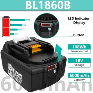 POEOSAS 2 Pack Replacement for Makita 18V Battery 6.0Ah 18 Volt Battery Compatible with Makita BL1860 BL1850B BL1850 BL1840 BL1840B BL1830B BL1830 BL1815 BL1815B LXT400 with LED Indicator