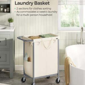 SONGMICS Laundry Basket with Wheels, 2-Section Rolling Laundry Hamper, 37 Gallons (140L), Removable Liner, Steel Frame with Handle, Blanket Storage, 27.2 x 15.4 x 31.9 Inches, Cream White URLS004W01