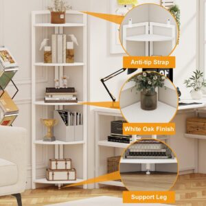 FATORRI Tall Corner Shelf, 5 Tier Modern Corner Bookshelf Stand, Wood and Metal Corner Plant Bookcase for Living Room, Corner Space (White Oak)