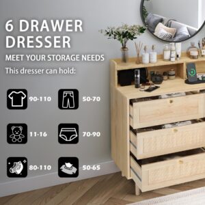 FUQARHY Rattan Dresser for Bedroom with Shelves, Modern 6 Drawer Double Dresser with Charging Station, Wood Chest of Drawers for Bedroom, Living Room, Hallway (Natural)