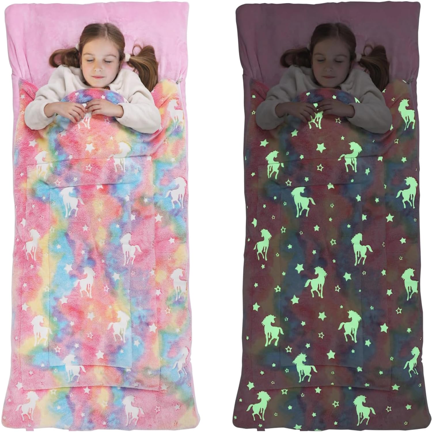 Sleeping Bag for Kids with Pillow Pocket, Toddler Nap Mat 63" x 30" Slumber Bag Glow in The Dark Blanket Fluffy with Padded Mat for Boys, Girls, Daycare, Preschool, Sleepover,Unicorn