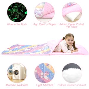 Sleeping Bag for Kids with Pillow Pocket, Toddler Nap Mat 63" x 30" Toddler Slumber Bag Glow in The Dark Blanket Fluffy with Padded Mat for Boys, Girls, Daycare, Preschool, Sleepover, Rainbow Unicorn