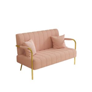 Mbolyeer Modern Bouclé Loveseat Sofa: 60" Mid Century 2 Seater Teddy Velvet Couch- Comfy Upholstered Sofa Couch with 2 Pillows - Gold Metal Legs - Small Spaces Apartment Office Bedroom (Pink)