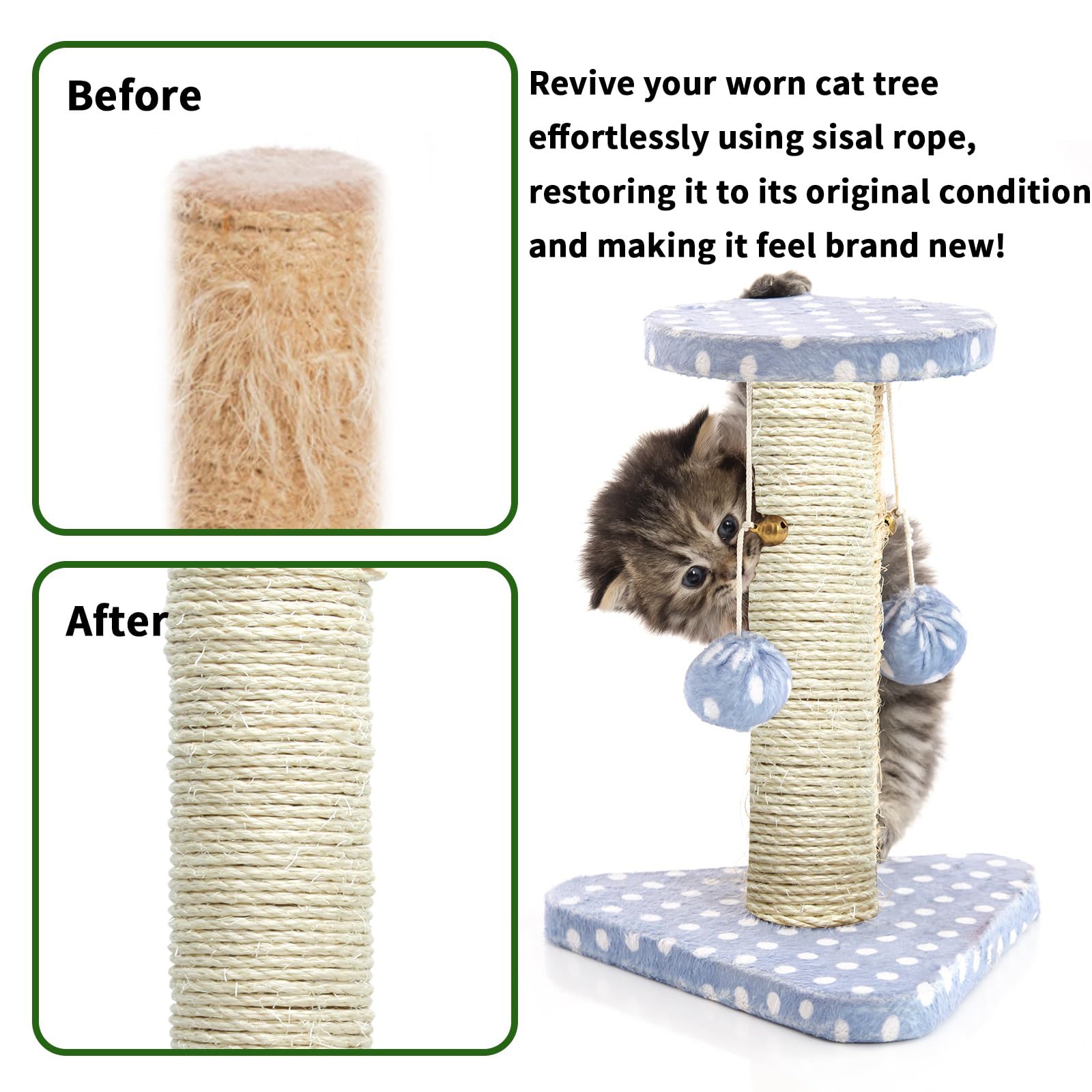 White Sisal Rope 3mm by 164-Feet for Cat Scratching Post Tree Tower Replacement Repair and Replace, DIY Hemp Twine Rope for Kittens Shelves Furniture Window Bed Perch House Climbing, 3mm by 50m