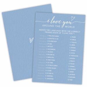 bridal shower game cards - i love you around the world - 30 blue theme wedding party games game cards with 1 answer card, engagement party game, bridal shower decorations - b02