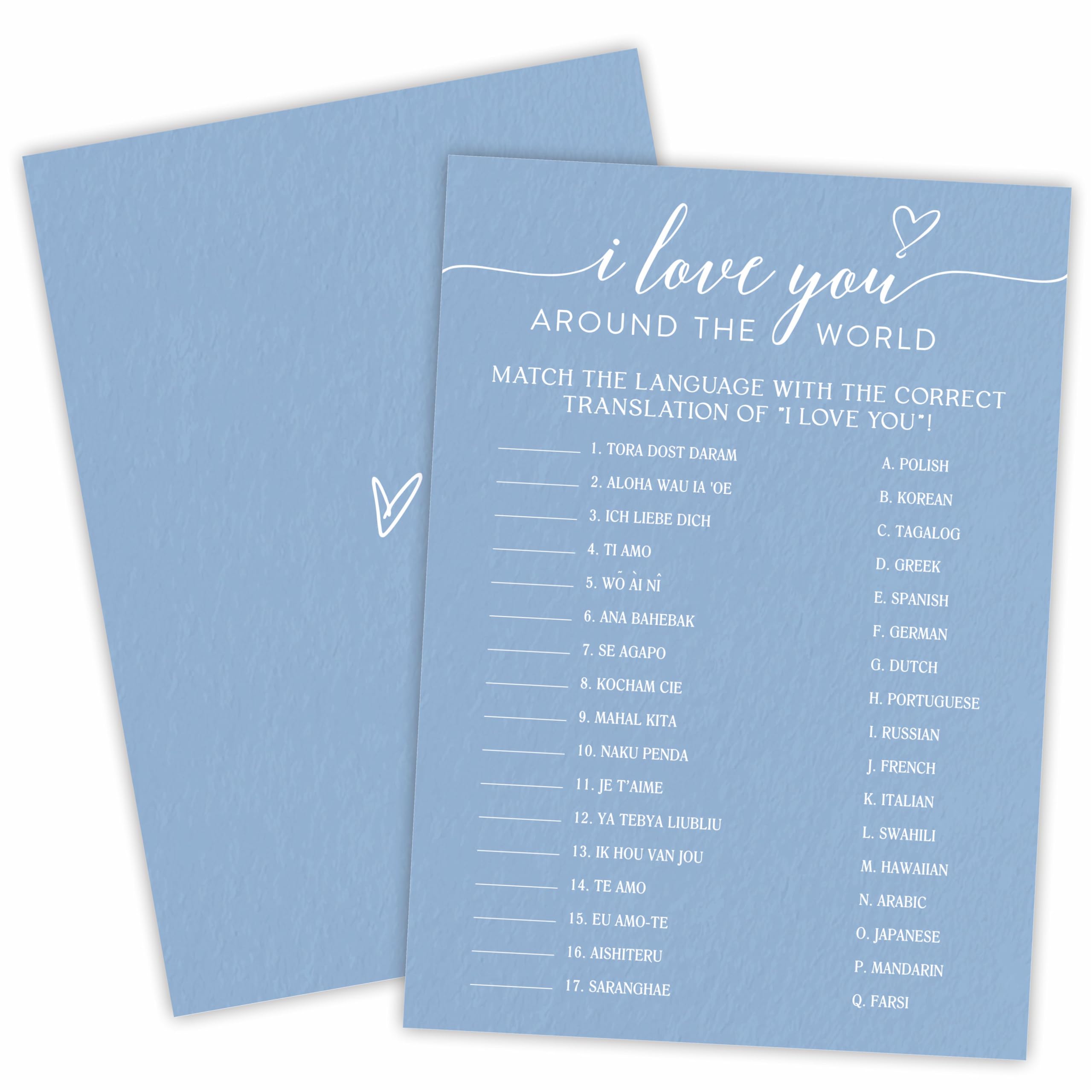 Bridal Shower Game Cards - I Love You Around The World - 30 Blue Theme Wedding Party Games Game Cards with 1 Answer Card, Engagement Party Game, Bridal Shower Decorations - B02