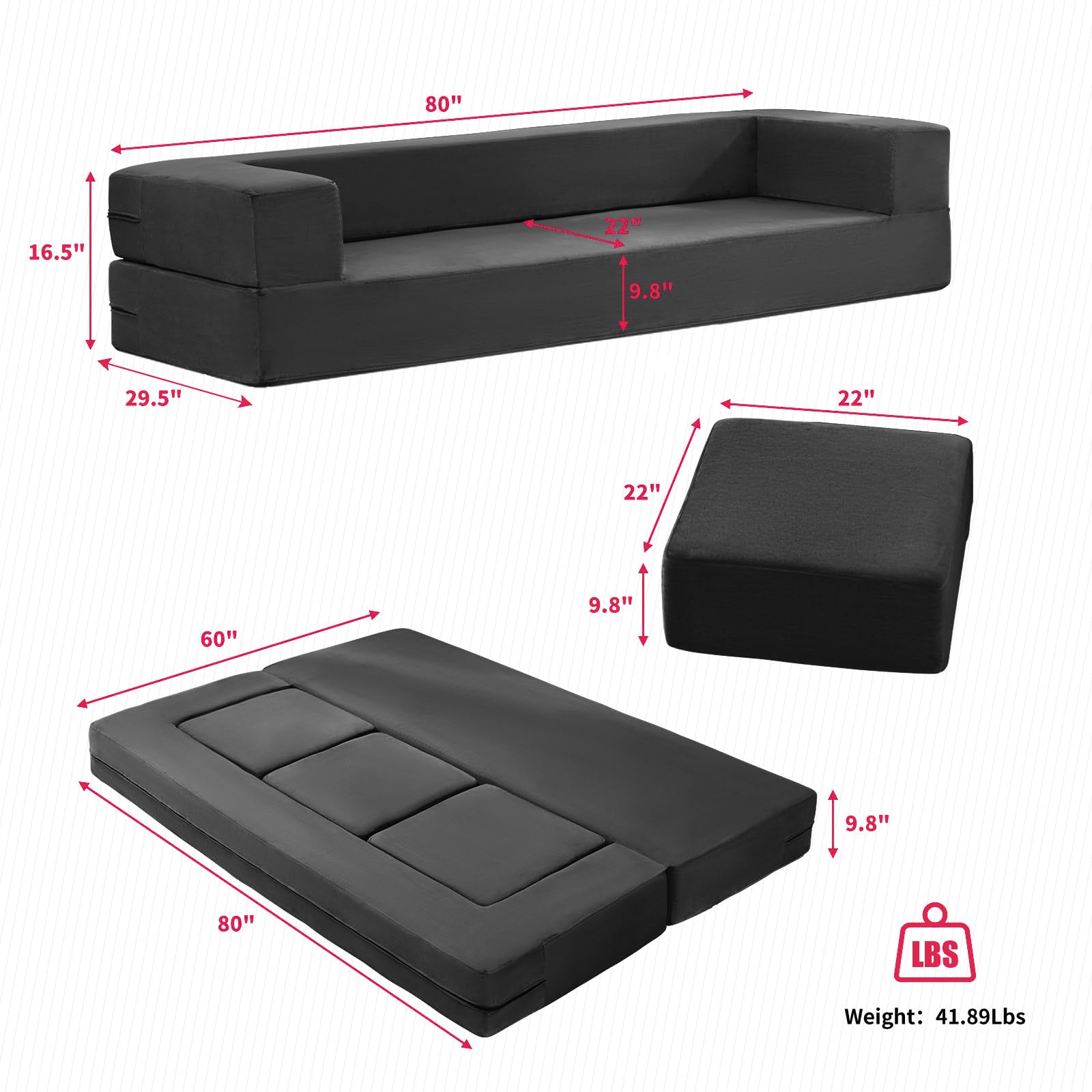 PUREMIND Folding Velvet Sofa Bed with 3 Ottomans, Convertible Floor Sofa, Foldable Sleeper Foam Bed, Comfy Futon Couch with Foam Mattress for Home Apartment Office and Dorm - Dark Gray