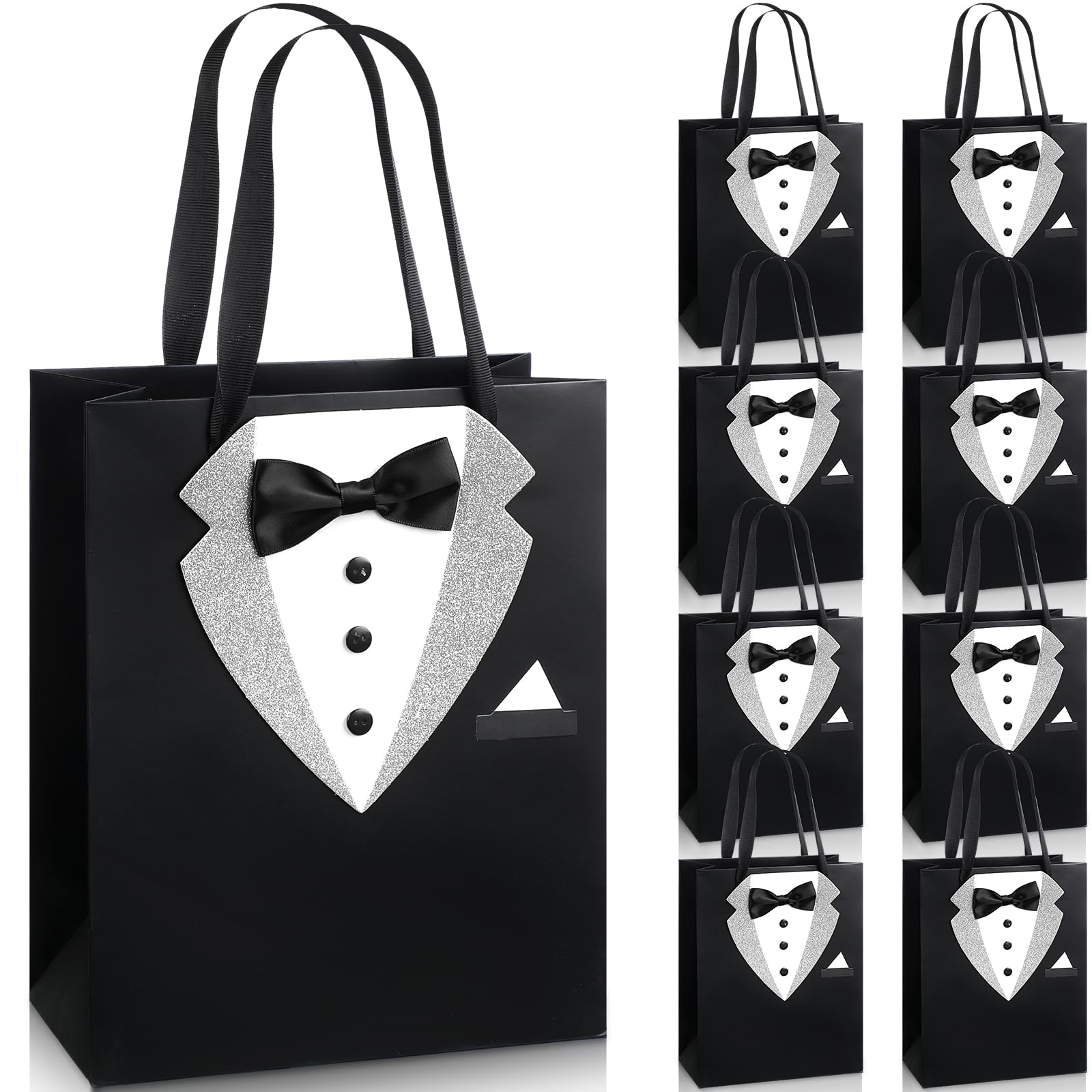 Chuangdi 8 Pcs Groomsmen Gift Bags with 3D Tuxedo Design 8 x 4.5 x 10 Inch with Handle Groomsmen Paper Gift Bags for Wedding Bachelor Birthday Party Favor Anniversary Supplies(Silver)