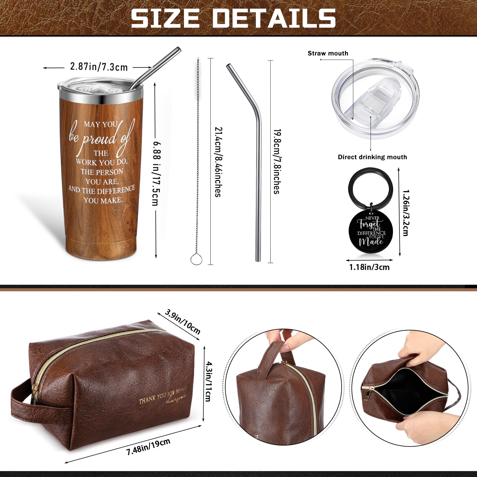 Roshtia Set of 3 Thank You Gift for Men Dad 20oz Stainless Steel Tumbler with Lid Straw Leather Toiletry Bag Inspirational Keychain Team Christmas Gift for Employee Teacher Staff(Wood Grain)