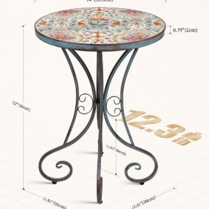 Frstem Mosaic Patio Table and Plant Stand, Outdoor Side Table for Patio with 14" Ceramic Tile Top, Weather Resistant Metal Round End Table Accent Table for Yard Porch Balcony Garden Bedside, Blossom