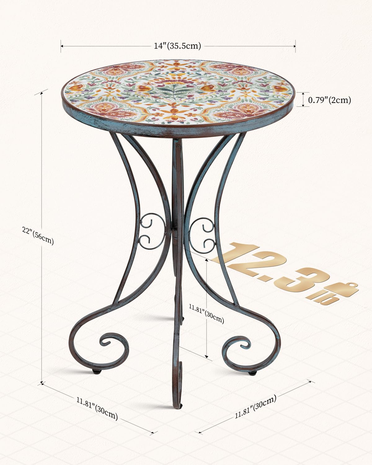 Frstem Mosaic Patio Table and Plant Stand, Outdoor Side Table for Patio with 14" Ceramic Tile Top, Weather Resistant Metal Round End Table Accent Table for Yard Porch Balcony Garden Bedside, Blossom