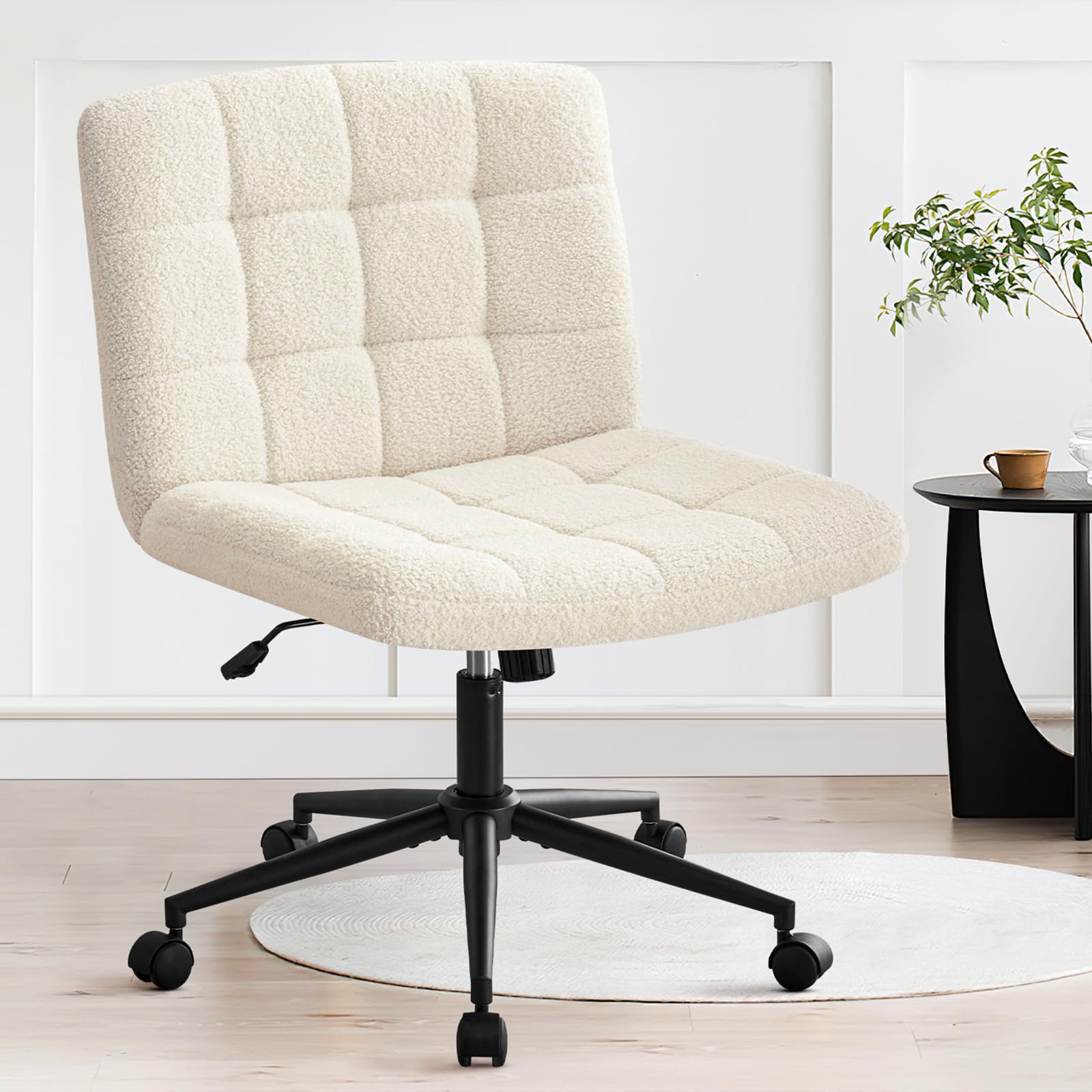 Furniliving Wide Desk Chair, Faux Fur Upholstered Office Chair with Wheels, Adjustable Accent Chair with Thicken Seat, Computer Chair for Living Room, Study Room, Home Office, IvoryWhite