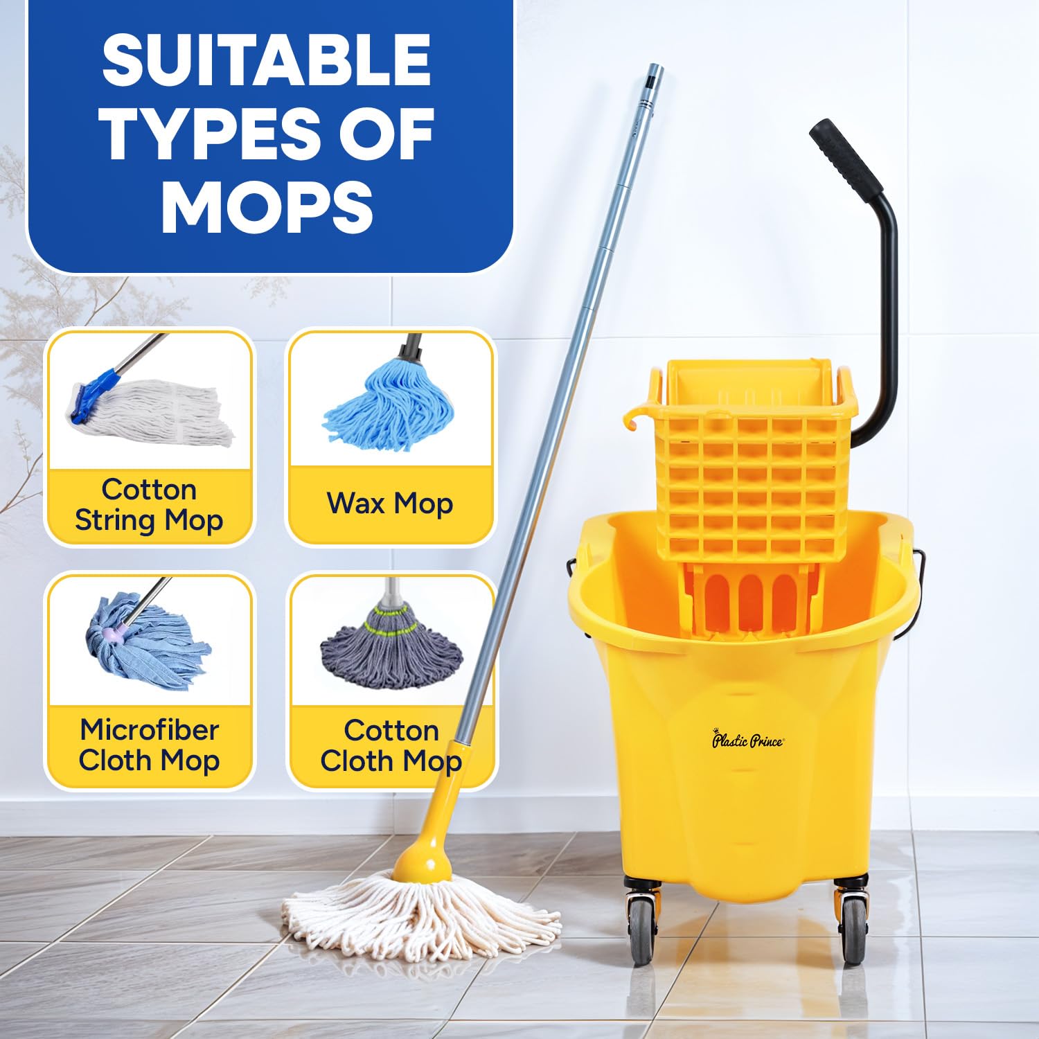 35-Quart Yellow Side-Press Mop Bucket and Wringer Combo on Wheels for Commercial Use Perfect for Professional Industrial Business Household