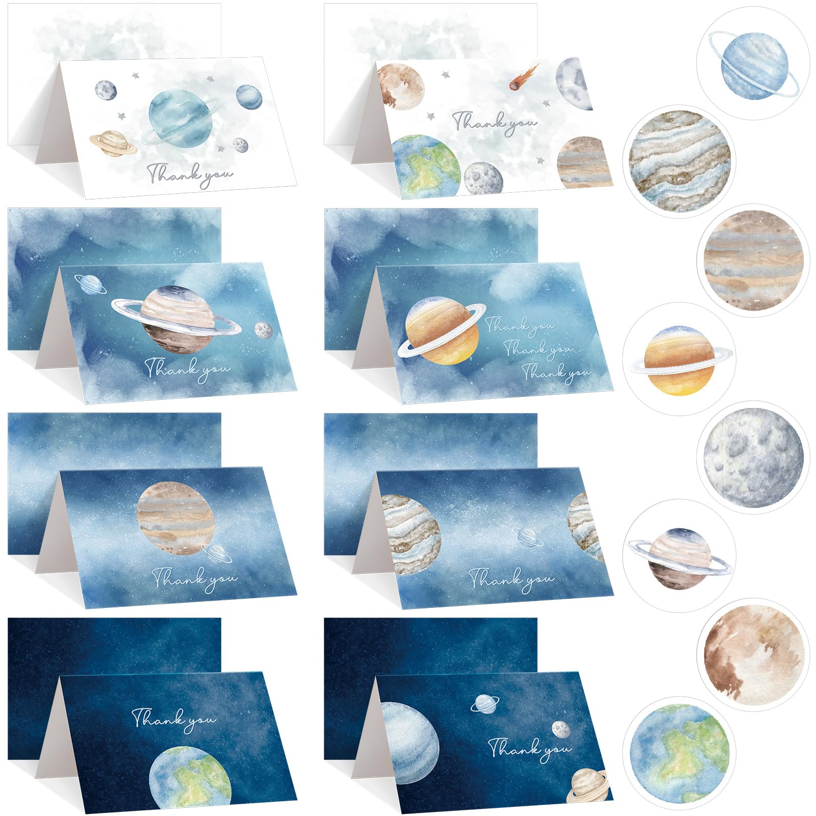 Geyoga 48 Pcs Space Thank You Cards with 48 Envelopes 48 Stickers First Trip Around the Sun Blank Cards Galaxy Planet Greeting Card Stars Moon Gratitude Cards for Baby Shower Birthday Christmas Gift