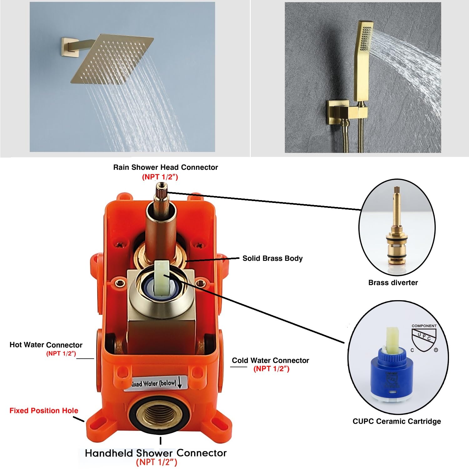 JOYWELL Shower Faucet Brushed Gold Shower Fixtures 8 Inches Rain Shower and Handheld Shower Combo set,2-Function Shower System Included Shower Trim Kit