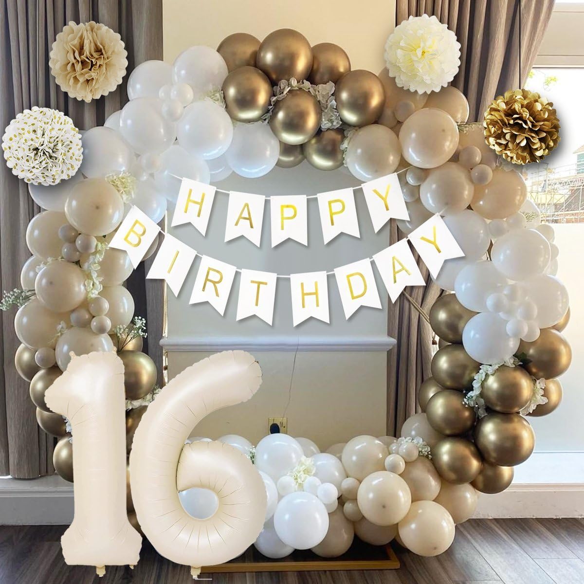 Sweet 16 Birthday Decorations, White and Gold 16th Birthday Decorations for Girls Boy 16th Happy Birthday Banner Tablecloth Fringe Curtain Cake Topper Paper Pom Poms for Girl Boys Sweet 16 Party Decor