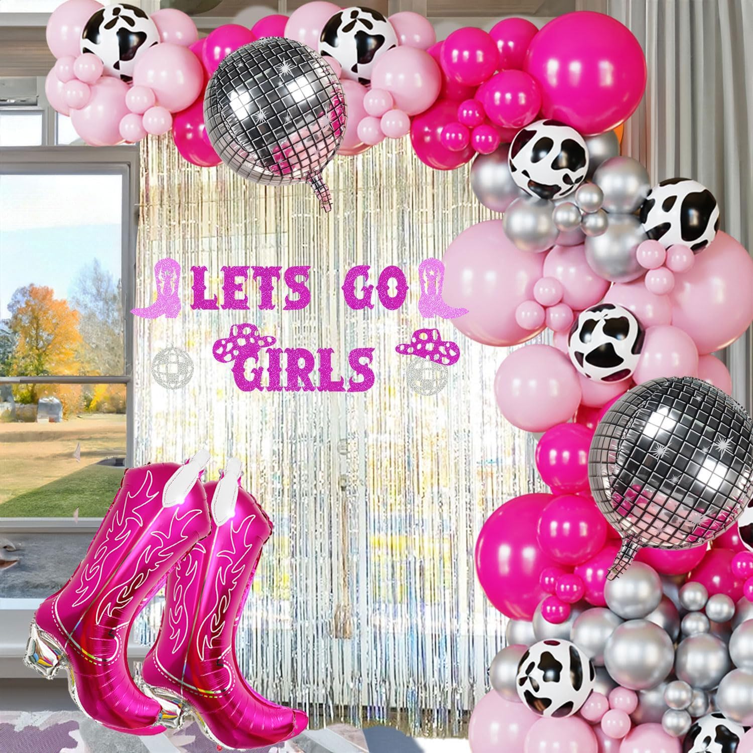 Cowgirl Balloons Arch Garland Kit For Last Rodeo Bachelorette Sash Supply Birthday Party Decorations,Hot Pink Rose Red Silver Cow Print Cowgirl Boot Disco Ball Balloon,Let’S Go Girl Banner Backdrop