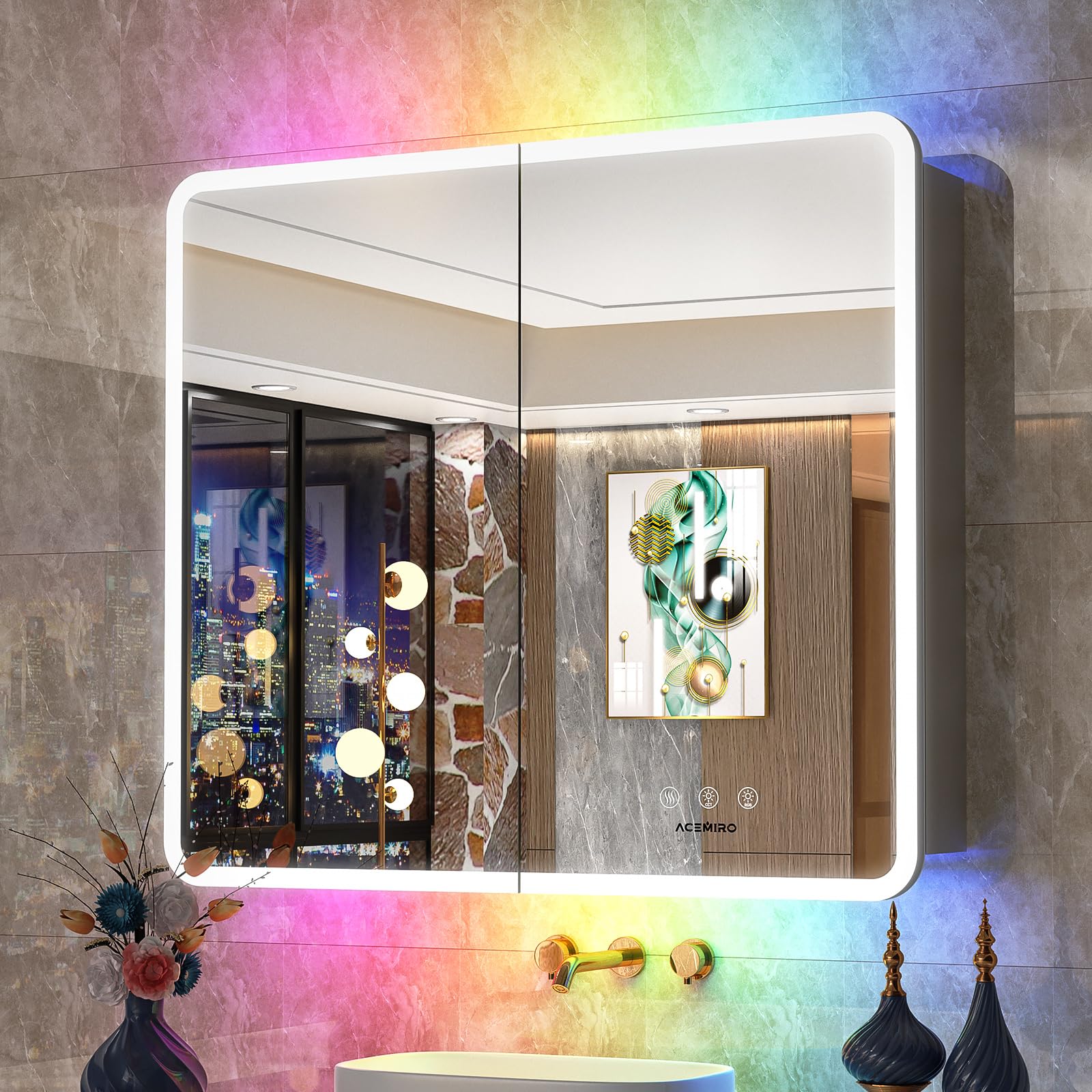 ACEMIRO Bathroom Medicine Cabinet with Lights, 36×32 Inch LED Bathroom Mirror Cabinet with Lights, Defogger, Dimmer, Lighted Medicine Cabinet with RGB Backlit+3 Color Front Light, Wall Mounted