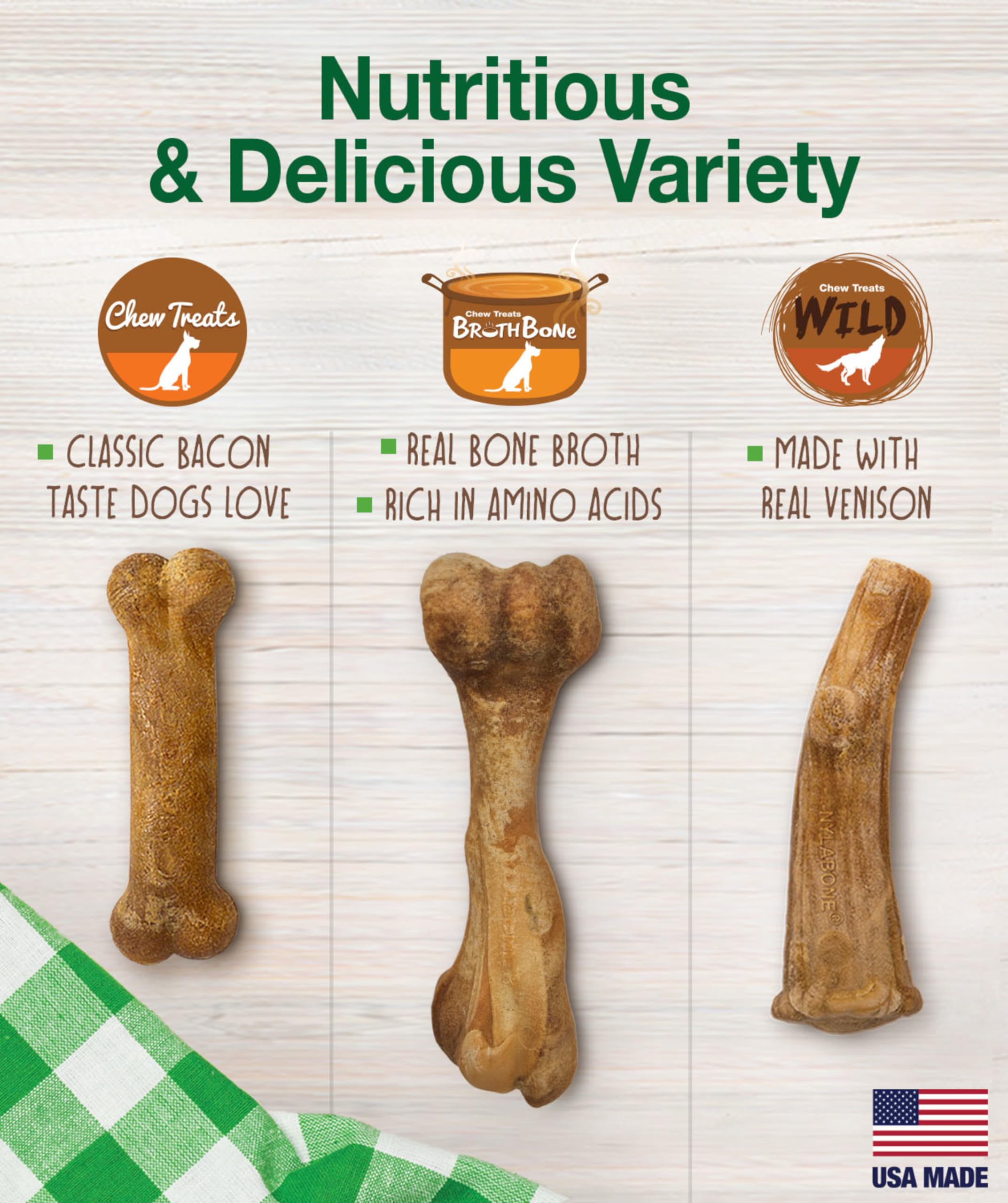 Nylabone Healthy Edibles Natural Dog Chews Long Lasting Ham, Bacon, & Venison Flavor Treats for Dogs, Medium (5 Count)