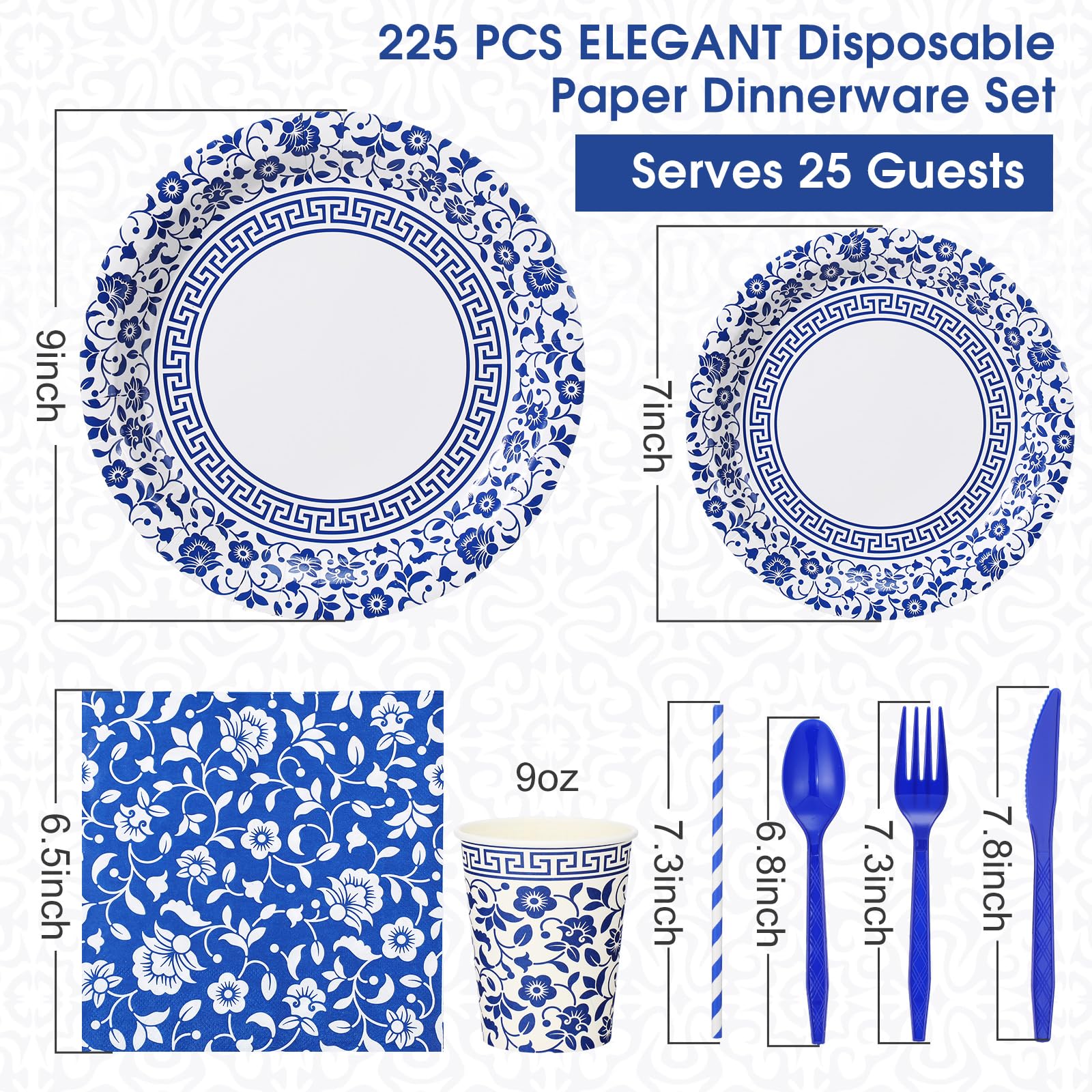 Hushee 225 Pcs Blue and White Flower Disposable Tableware Set for 25 Guests 9 Inch 7 Inch Elegant Floral Paper Plates Cups Straws Napkins Knives Forks Spoons for Bridal Shower Wedding Birthday Party