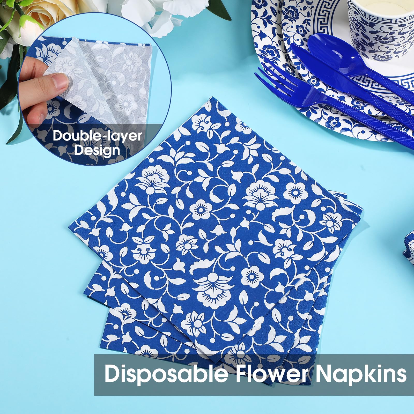 Hushee 225 Pcs Blue and White Flower Disposable Tableware Set for 25 Guests 9 Inch 7 Inch Elegant Floral Paper Plates Cups Straws Napkins Knives Forks Spoons for Bridal Shower Wedding Birthday Party