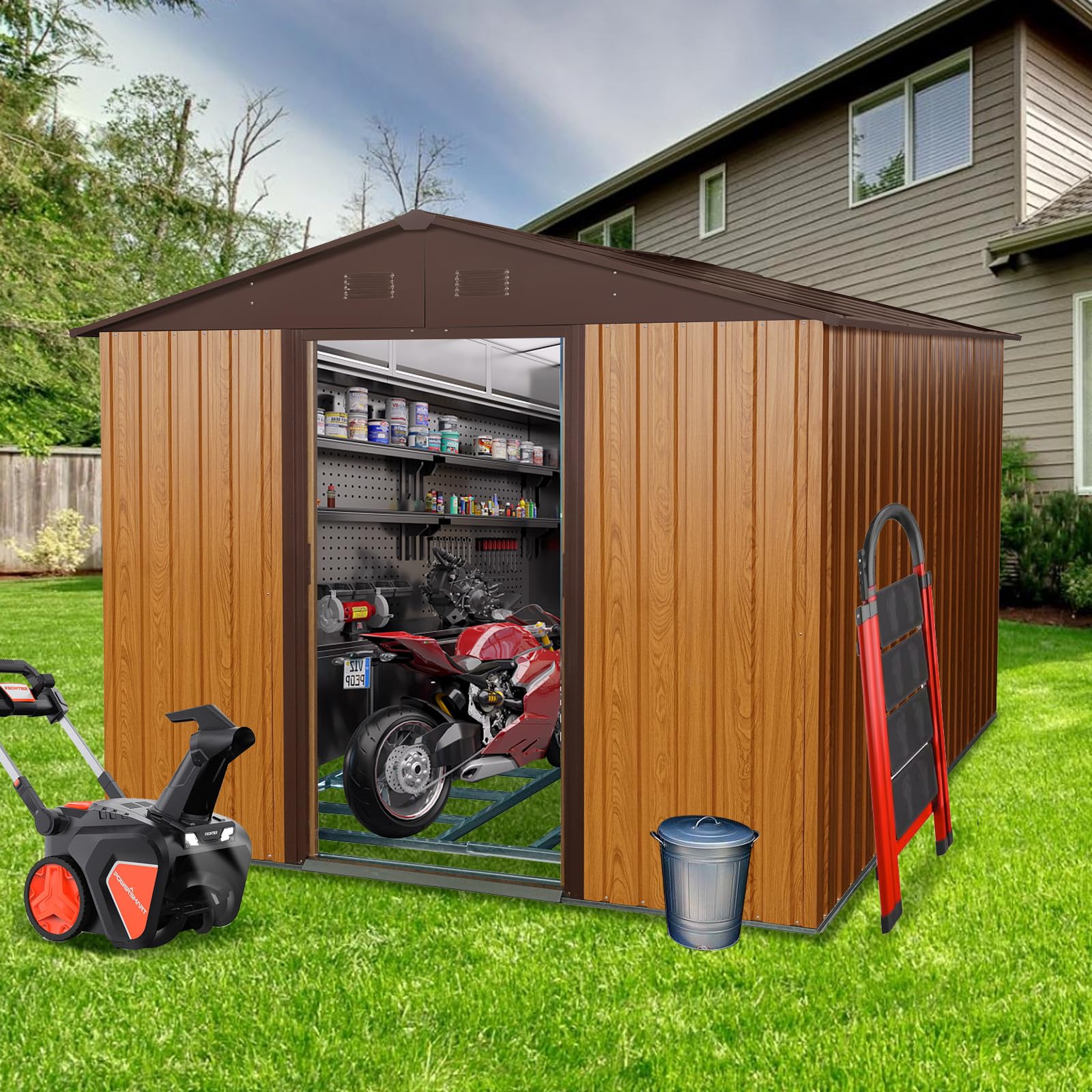 Lovtimber 10x8 FT Outdoor Storage Shed, Garden Tool House with Metal Floor Base, Double Sliding Doors, Air Vents, Storage Clearance for Backyard, Patio, Garage, Lawn, Coffee