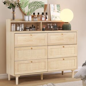 fuqarhy rattan dresser for bedroom with shelves, modern 6 drawer double dresser with charging station, wood chest of drawers for bedroom, living room, hallway (natural)