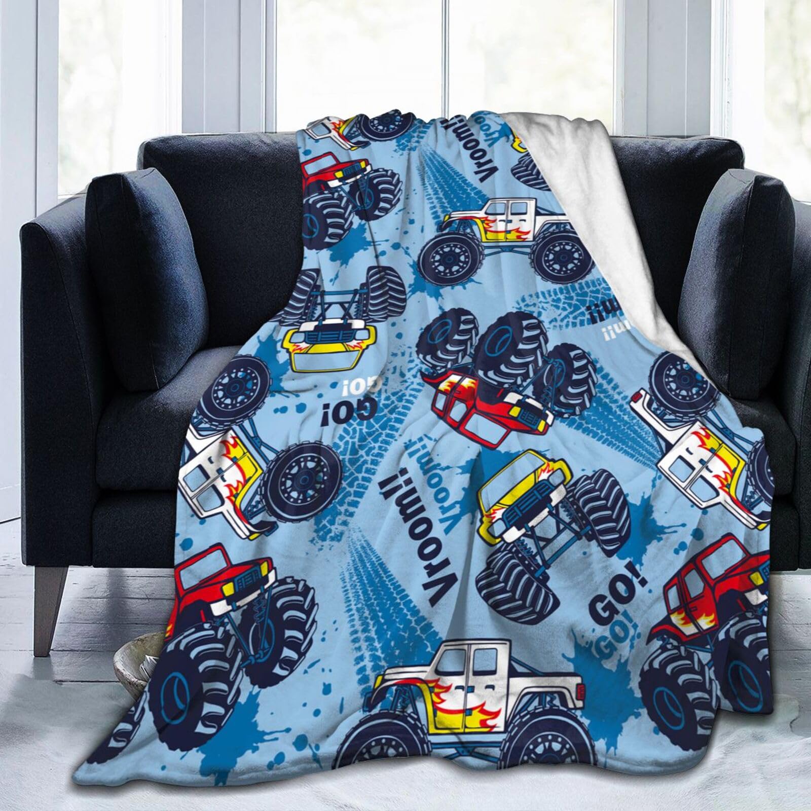 Monster Cartoon Pattern Trucks Car Throw Blanket Soft Bed Bedding Warm Cozy Plush Flannel Fleece Blankets Gifts for Kids Boys Teens Men, Sofa Couch Bedroom Home Decor, 60"x50"