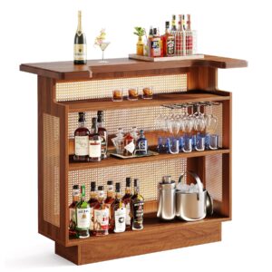 little tree rustic home bar unit, rattan bar table with 4 tiers storage, liquor wine bar cabinet mini bar table for home pub entertaining, vintage brown