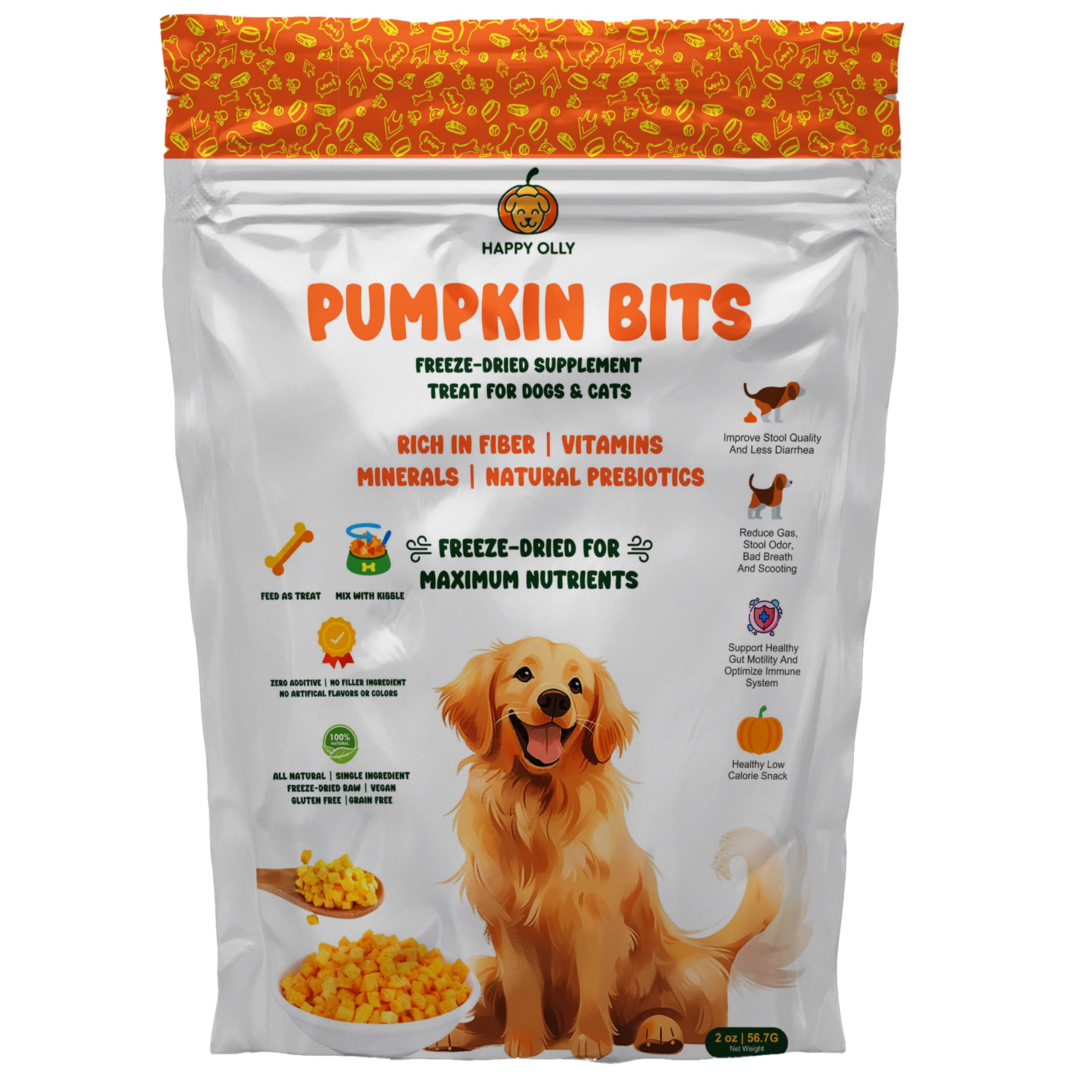 Happy Olly Pumpkin Treats for Dogs Digestion 2oz - Freeze Dried Pumpkin Treats/Topper, Reduce Dog Diarrhea and Scotting - Natural Single Ingredient Pure Pumpkin for Dogs - Prebiotics & Fiber