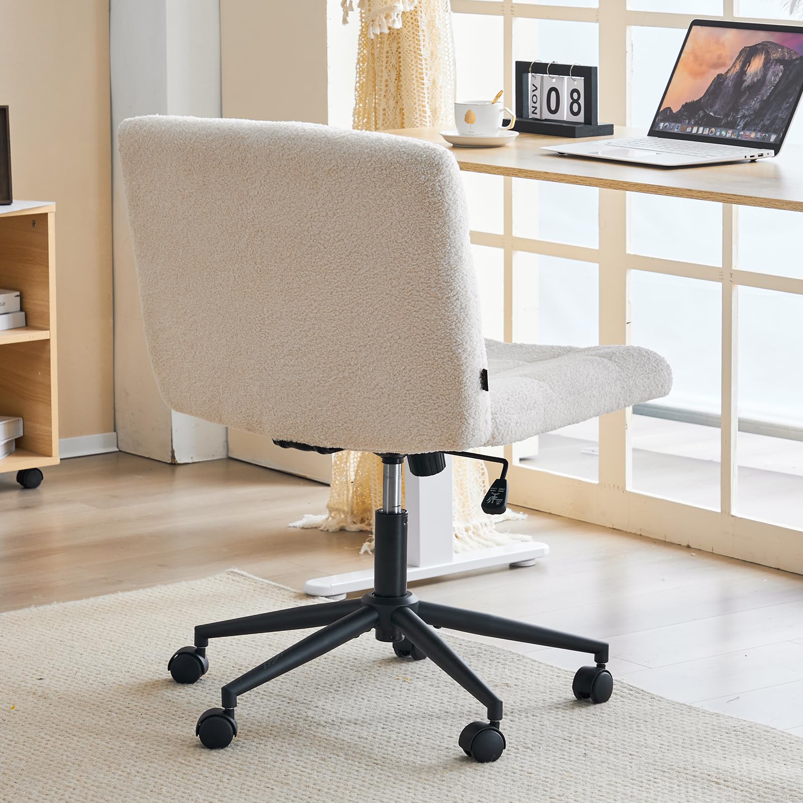 Furnimart Swivel Criss Cross Legged Chair with Wheels for Home Office, Wide Armless Desk Chair Height Adjustable Comfy Seat for Desk,Vanity, Bedroom, Faux Fur White