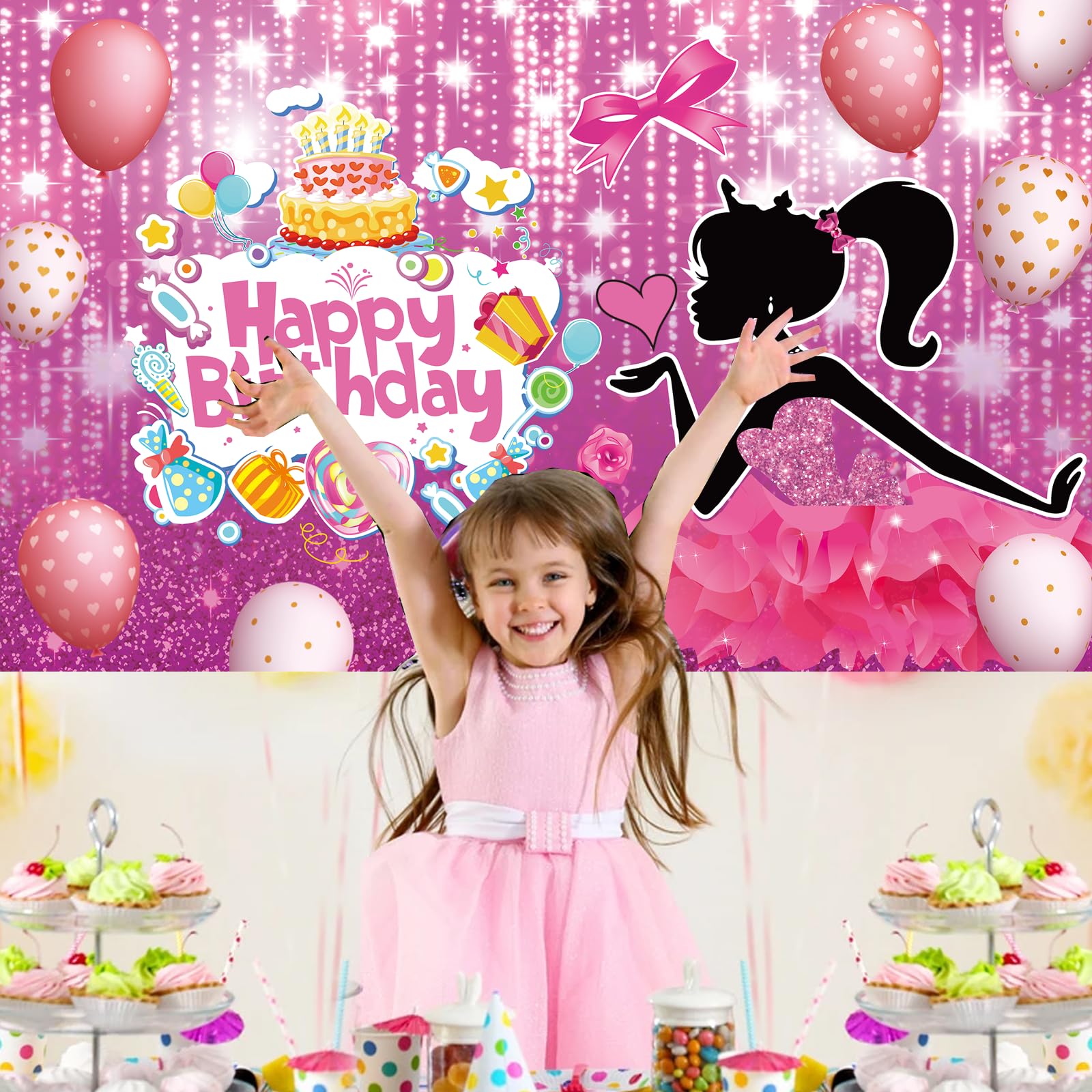 Princess Birthday Party Backdrop Photography Background Pink Party Banner for Girl Birthday Party Baby Shower Cake Table Decorations Happy Birthday Banner,71x45 inch