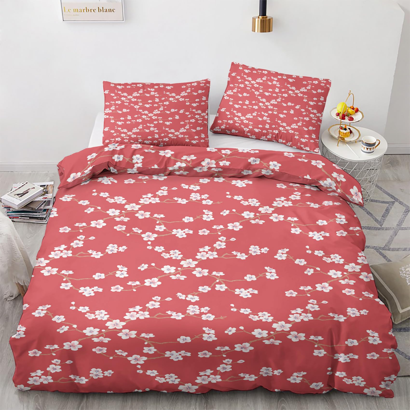 zcwl Cherry Blossom Duvet Cover King Size | Sakura Floral Bedding Set | 3 Piece | Soft Microfiber Patterned Comforter Cover with Zipper Ties & 2 Pillowcases | Cherry Blossom Bedroom Decor