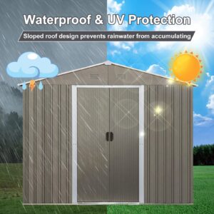 10x8FT Outdoor Metal Storage Shed with Floor Frame, UV Resistant Waterproofs Steel Garden Shed, Tool Storage Shed with Sloping Roof and Lockable Door for Backyard, Patio and Lawn (Grey)