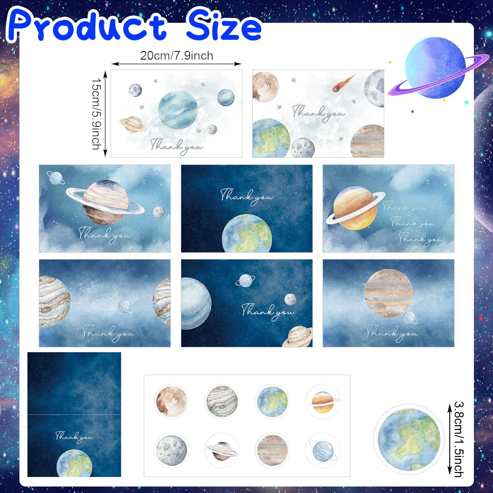 Geyoga 48 Pcs Space Thank You Cards with 48 Envelopes 48 Stickers First Trip Around the Sun Blank Cards Galaxy Planet Greeting Card Stars Moon Gratitude Cards for Baby Shower Birthday Christmas Gift