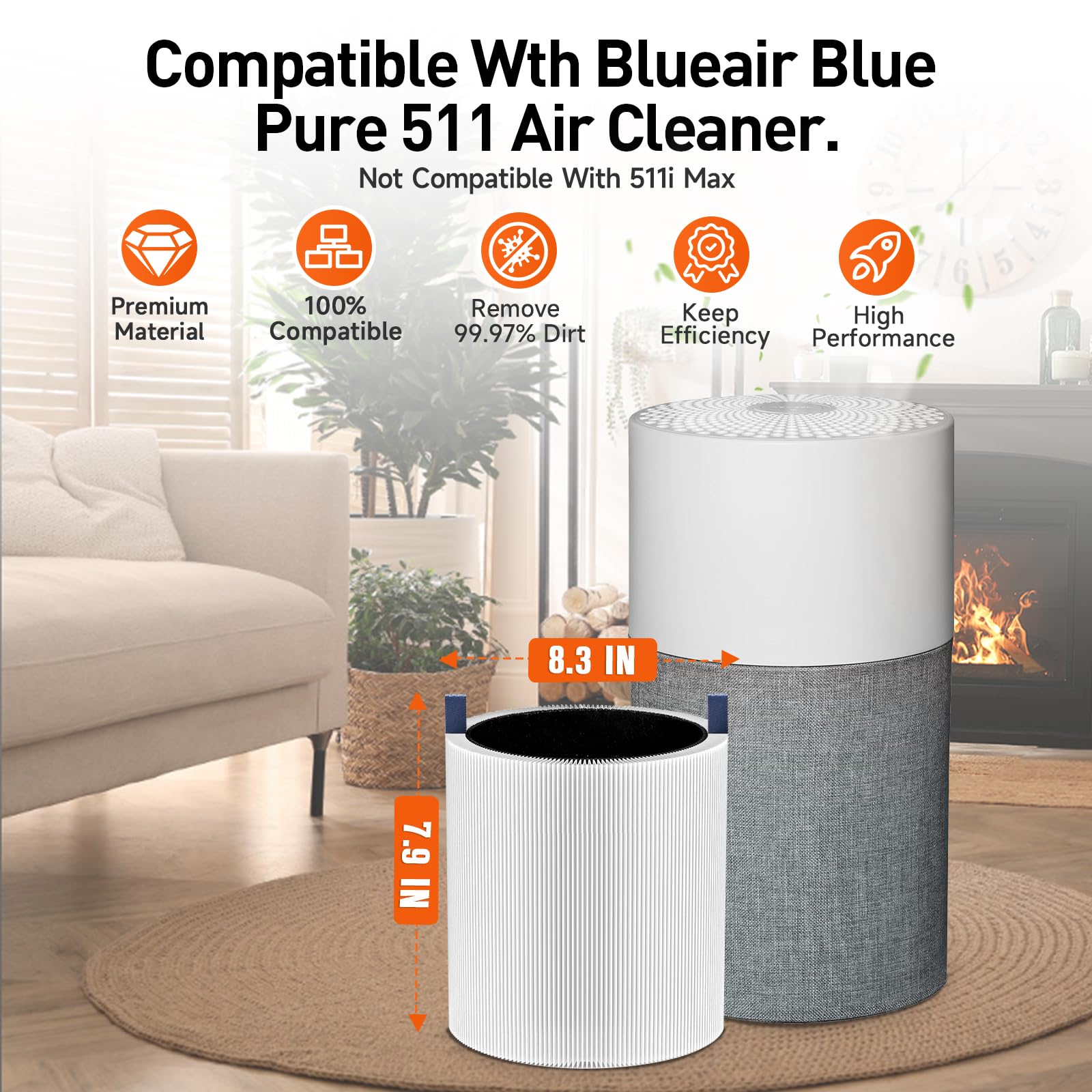 2 Pack Blue Pure 511 Filter Replacement Compatible With Blueair Blue Pure 511 Air Cleaner. Fit For Blue Air 511 Filter Replacement. 3-In-1 True HEPA Filter With Activated Carbon Filter.