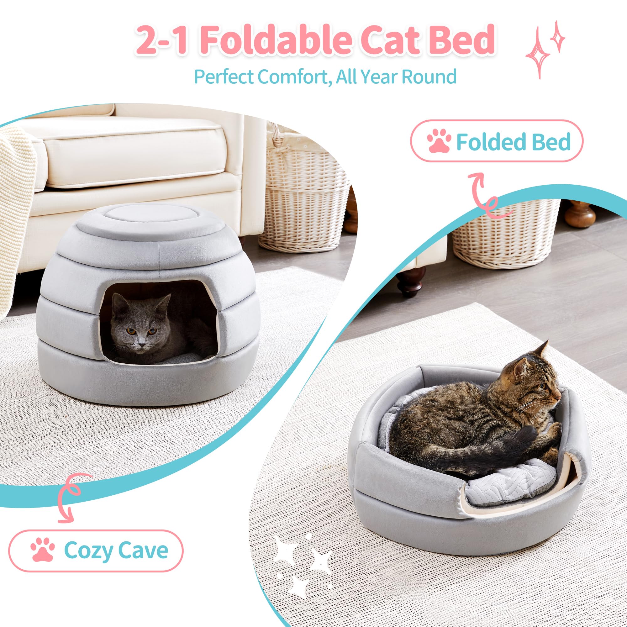 Made4Pets Cat Bed and House, 2-in-1 Foldable Cat Houses for Indoor Cats, Soft Velvet Cat Cave, Removable and Washable Cushion, Cat Condo for All-Season Comfort and Style