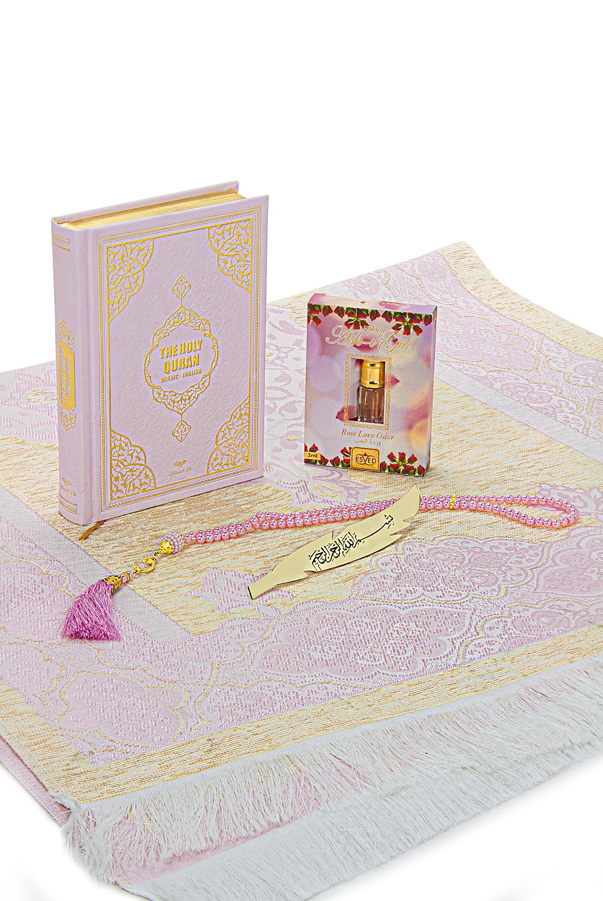 ihvan online Prayer Gift Set for Hajj and Umrah, Muslim Prayer Rug, Prayer Mat, Beads Taasbih, Holy Quran Translated English, Muslim Praying Mat, Islamic Gift Set for Ramadan & Eid, Pink