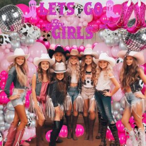 Cowgirl Balloons Arch Garland Kit For Last Rodeo Bachelorette Sash Supply Birthday Party Decorations,Hot Pink Rose Red Silver Cow Print Cowgirl Boot Disco Ball Balloon,Let’S Go Girl Banner Backdrop